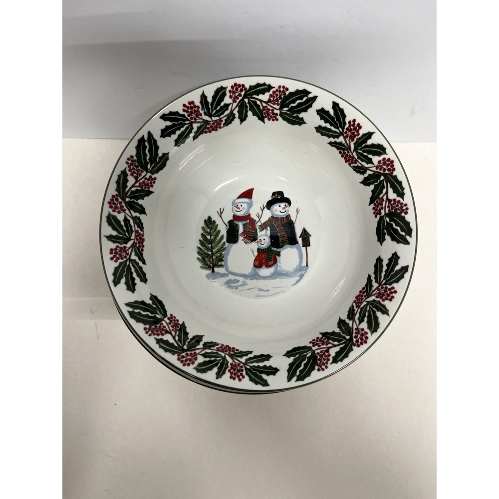 GEI Christmas Holly Berries Snowman 9.5" Serving Bowl Set Of 4